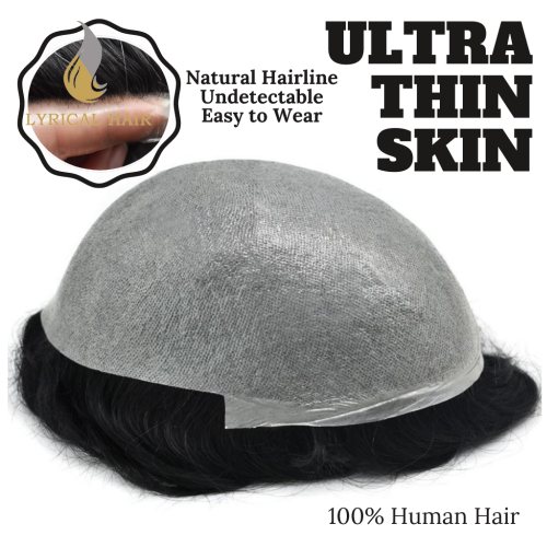 Lyricalhair 0.06mm Disposable Ultra Thin Skin Hair System Transparent Invisible Poly Skin Mens Toupee 32mm Slight Wave Hair Units