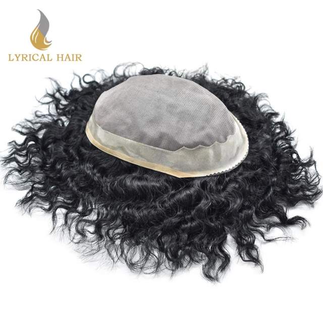 LyricalHair  Afro Toupee For Men African Curly Monofilament Durable Hair System Tape Around African American Black Unit 100% Human Hair Medium Density AFRO AAA1