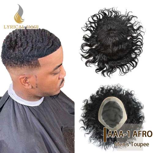 LyricalHair  Afro Toupee For Men African Curly Monofilament Durable Hair System Tape Around African American Black Unit 100% Human Hair Medium Density AFRO AAA1