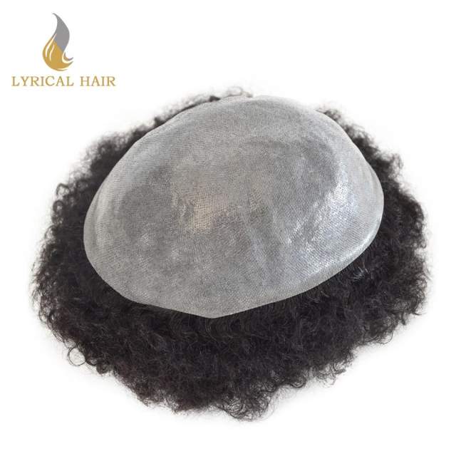LYRICAL HAIR Units for Black Men Thin Skin African American Men 100% Brazilian Human Hair Replacement System Full Poly Afro Curly Wave Mens Hairpieces