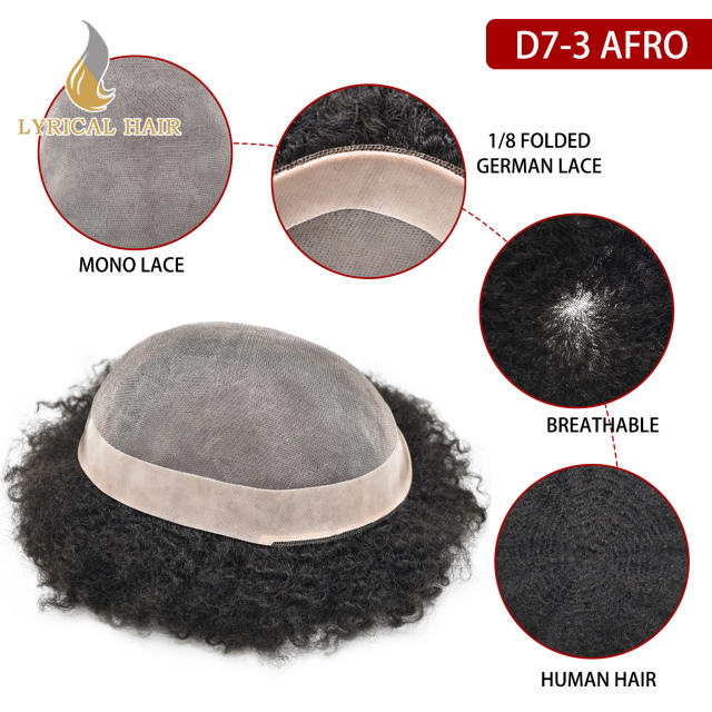 LYRICAL HAIR Afro Toupee For Black Men Fine Monofilament Men Wave Hair Unit Poly Coated 100% Brazilian Kinky Curly Hair System For American African Men