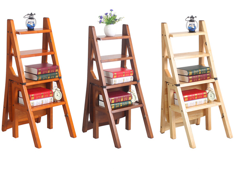 Convertible Multi-functional Four-Step Library Ladder Chair in 3 Color Library Furniture Folding Wood Chair Step Ladder For Home