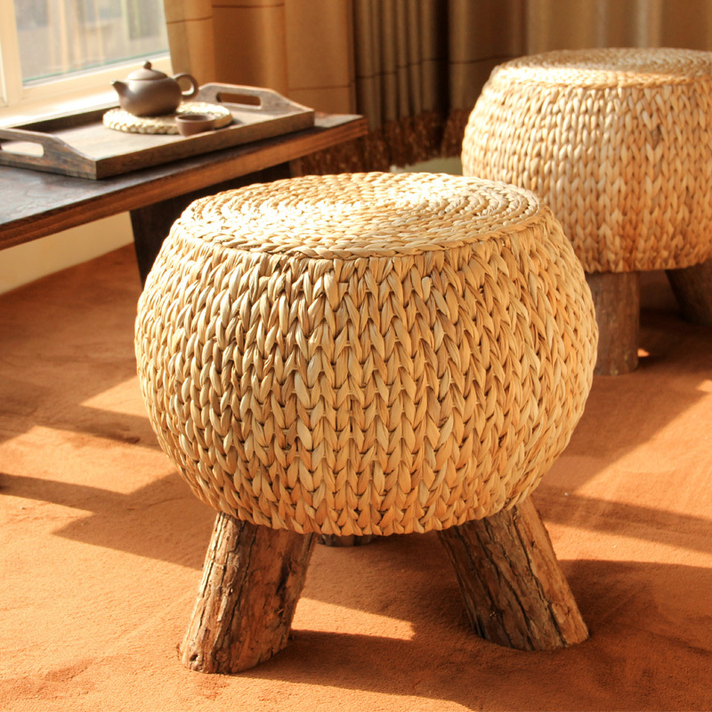 Rattan Handmade Rustic Round Footstool Household Multi functional Wooden 3 Leg Portable Wicker Ottoman Footrest Comfortable Gift
