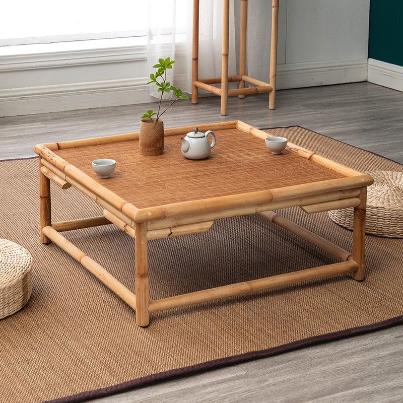 Vintage Indoor Natural Bamboo&amp;Rattan Furniture Floor Table Square Asian Style Tatami Coffee Living Room Low Tea Center Table