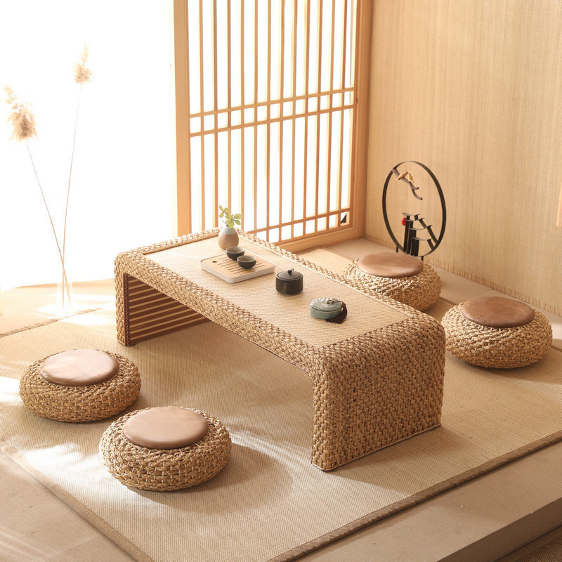 Handcrafted Tea Table for Sitting on The Floor Accent Furniture Japanese Style Rectangle Rattan Straw Coffee Table