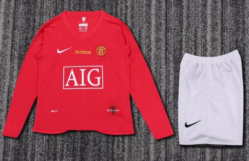 kids 07-08 Retro Version Manited United Home Red LS Youth/kids Soccer Uniform-311