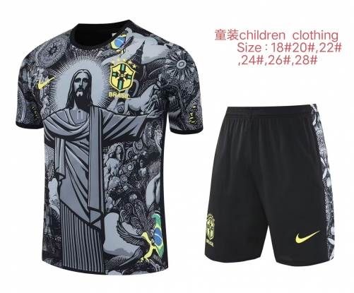 (Size 16-28) Kids 2025/26 Special Version Brazil Black & Gray Kids/Youth Kids/Youth Soccer Tracksuit Uniform-418