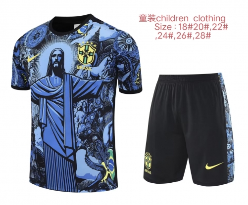 (Size 16-28) Kids 2025/26 Special Version Brazil Black & Blue Kids/Youth Soccer Tracksuit Uniform-418