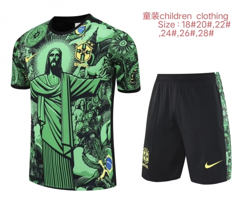 (Size 16-28) Kids 2025/26 Special Version Brazil Black & Green Kids/Youth Soccer Tracksuit Uniform-418