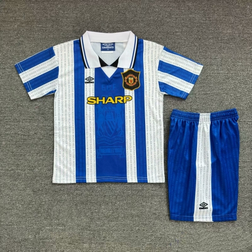 Kids 95-96 Retro Version Man United 2nd Away Blue Kids/Youth Soccer Uniform-2011/811