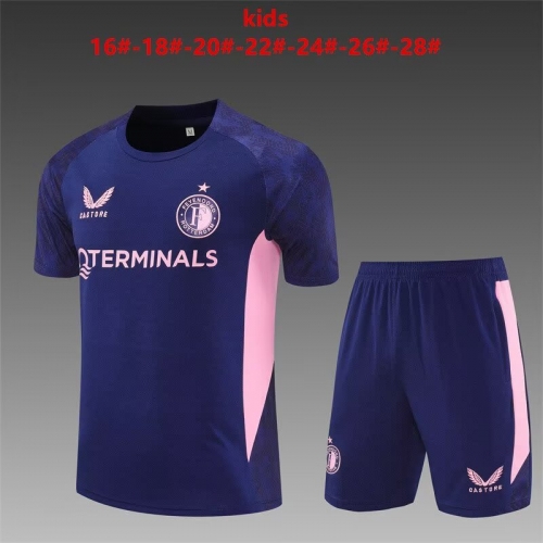 (Size 16-28) Kids 2025/26 Feyenoord Rotterdam Royal Blue Shorts-Sleeve Kids/Youth Soccer Tracksuit Uniform-801