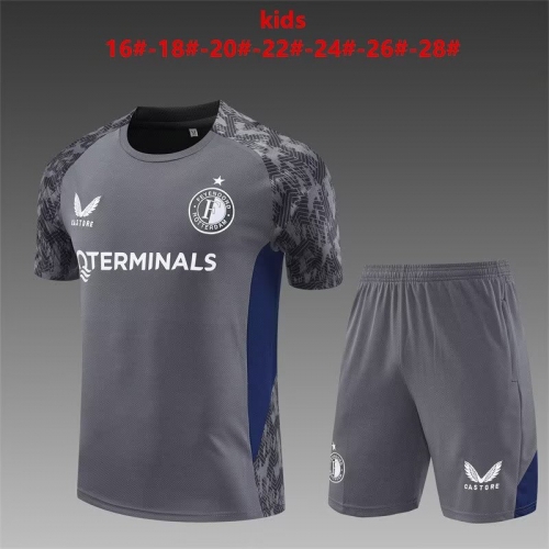 (Size 16-28) Kids 2025/26 Feyenoord Rotterdam Dark Gray Shorts-Sleeve Kids/Youth Soccer Tracksuit Uniform-801