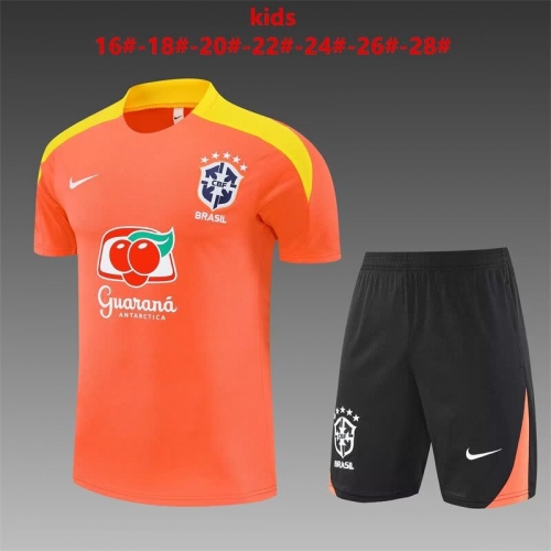 (Size 16-28) Kids 2025/26 Brazil Orange Kids/Youth Soccer Tracksuit Uniform-801