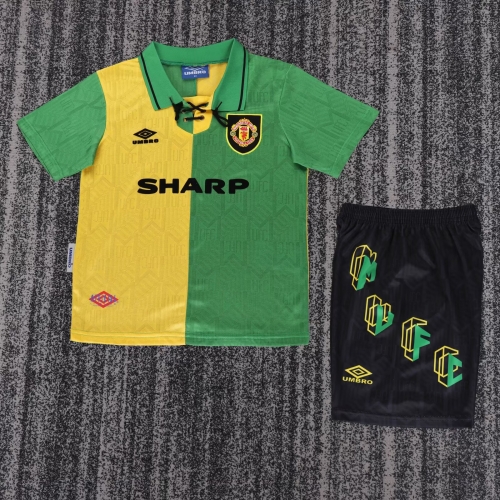 Kids 92-94 Retro Version Man United Away Yellow & Green Kids/Youth Soccer Uniform-811