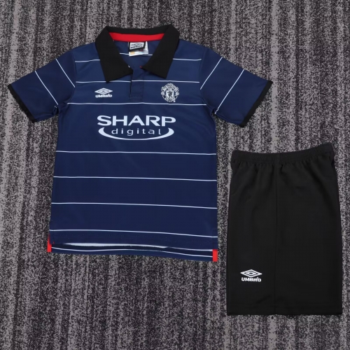 Kids 99-00 Retro Version Man United Away Blue Kids/Youth Soccer Uniform-811