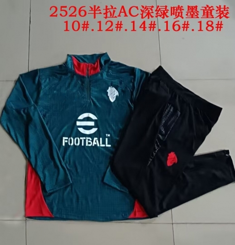 (Size 10-18 ) Kids 2025/26 AC Milan Dark Green Kids/Youth Soccer Tracksuit Uniform-815