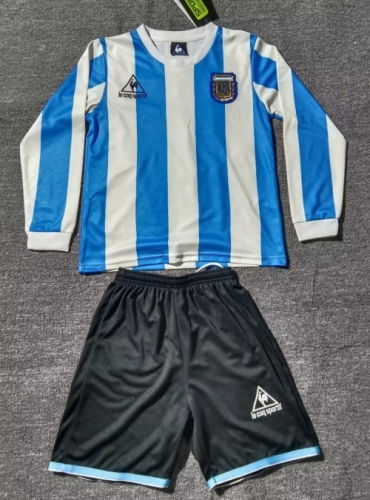 Kids 1986 Retro Version Argentina Home Blue and White Kids/Youth LS Soccer Uniform-311