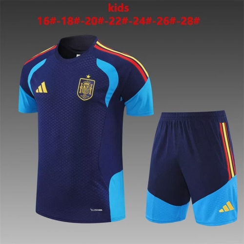 (Size 16-28) 2026/27 Spain Royal Blue Shorts-Sleeve Kids/Youth Thailand Soccer Tracksuit Uniform-801