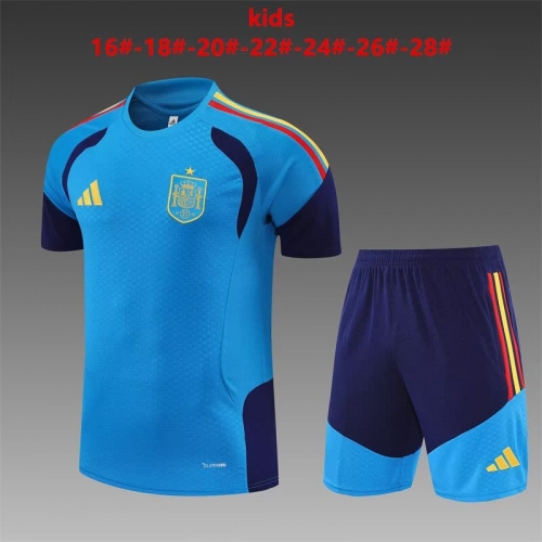 (Size 16-28) 2026/27 Spain Lake Blue Shorts-Sleeve Kids/Youth Thailand Soccer Tracksuit Uniform-801