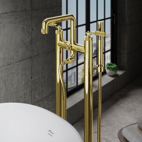 Luxuriously Industrial Style Freestanding Bath Shower Mixer  With Knurling Handle+Brass Shower Handset