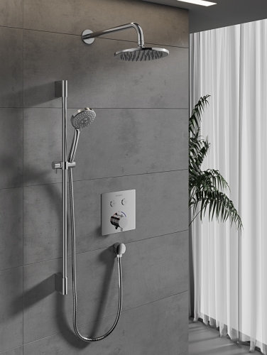 Mordern Slider Rail Kit+Multi-Function Handset +Concealed Click Shower Thermostatic Vaval/Two Outlets+Wall Mounted shower