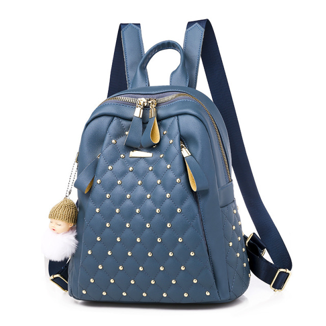 Modern Hipster High Capacity Diamond Lattice Rivet PU Leather Ladies School Backpack Bag