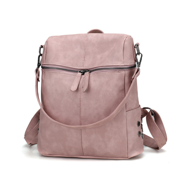 Vintage Casual Korean PU Leather Pink Ladies Travel Backpack Bag