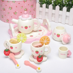 Children's wooden simulation play house role play pink strawberry afternoon tea play house tea set