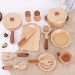 High quality beech wooden kitchenware cooking toy children pretend play miniature wooden pots tableware set toy for kids