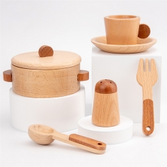 High quality beech wooden kitchenware cooking toy children pretend play miniature wooden pots tableware set toy for kids