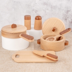 Brinquedo de cozinha de madeira de faia de alta qualidade, brinquedo de cozinha, crianças, fingem jogar, potes de madeira em miniatura, conjunto de utensílios de mesa para crianças