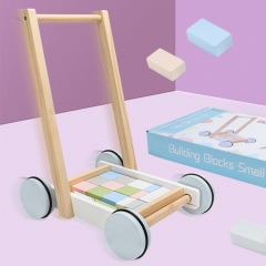 Juguete de aprendizaje educativo clásico para niños, carro de bloques de construcción de madera de color para niños