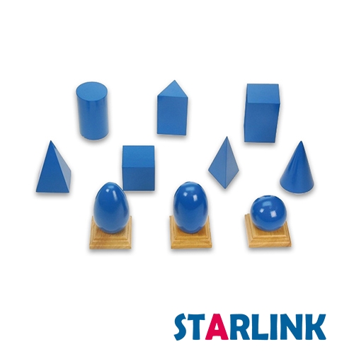 Montessori-Materialien Blaue geometrische Körper mit Holzsockel und -ebenen