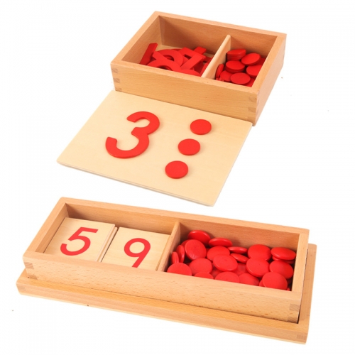 Baby Wooden Math Counting Material Montessori Red Cut out Numeral And Counters Educational Toys