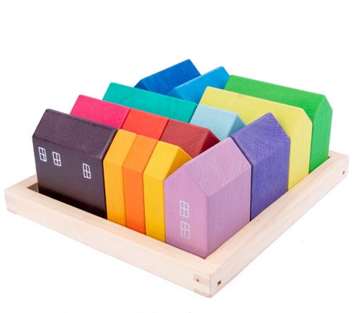 Montessori Educational Toy House Shaped Rainbow Color Wooden Blocks For Kids Play