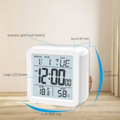 DT-56 Digital Desktop LCD Snooze Calendar Alarm clock White Bedroom Watch with Thermometer & Hygrometer for Home Battery Operated