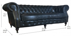 JHS Chestfield Antique Ebony Leather Sofa