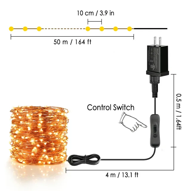 165ft 500 LEDs Warm White Plug In Fairy Lights with  ON/Off Switch