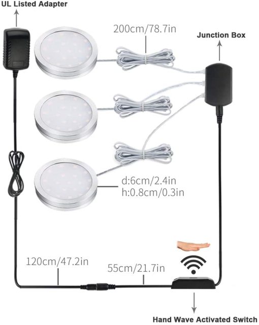2W 600lm Hand Wave Activated Under Cabinet Lighting Kit, 5000K Daylight White Closet Light
