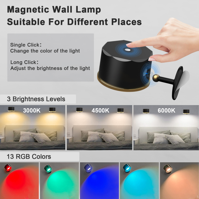 LED Wall Mounted Reading Lights, 2 Pack Battery Operated Wall Sconces with USB Charging, 360°Rotate Magnetic Ball Dimmable Touch Control, RGB Color Changing Led Wall Light for Study (Black)
