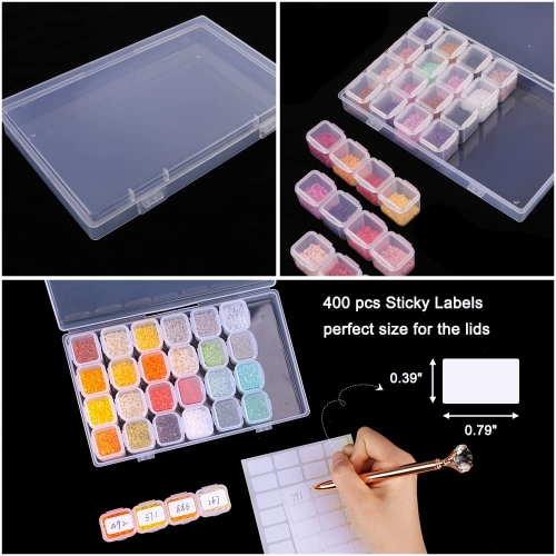 SX-DPA032 168 Slots 6 Pack 28 Grids Diamond Painting Boxes Plastic Organizer Diamond Embroidery Accessories Storage Containers with 400pcs Label Stickers for DIY Art Craft, Nail Diamonds, Bead Storage