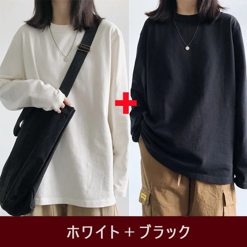 【2点まとめ】春秋 ピュアカラー 長袖 プルオーバー ゆったり 白 レディース Tシャツ