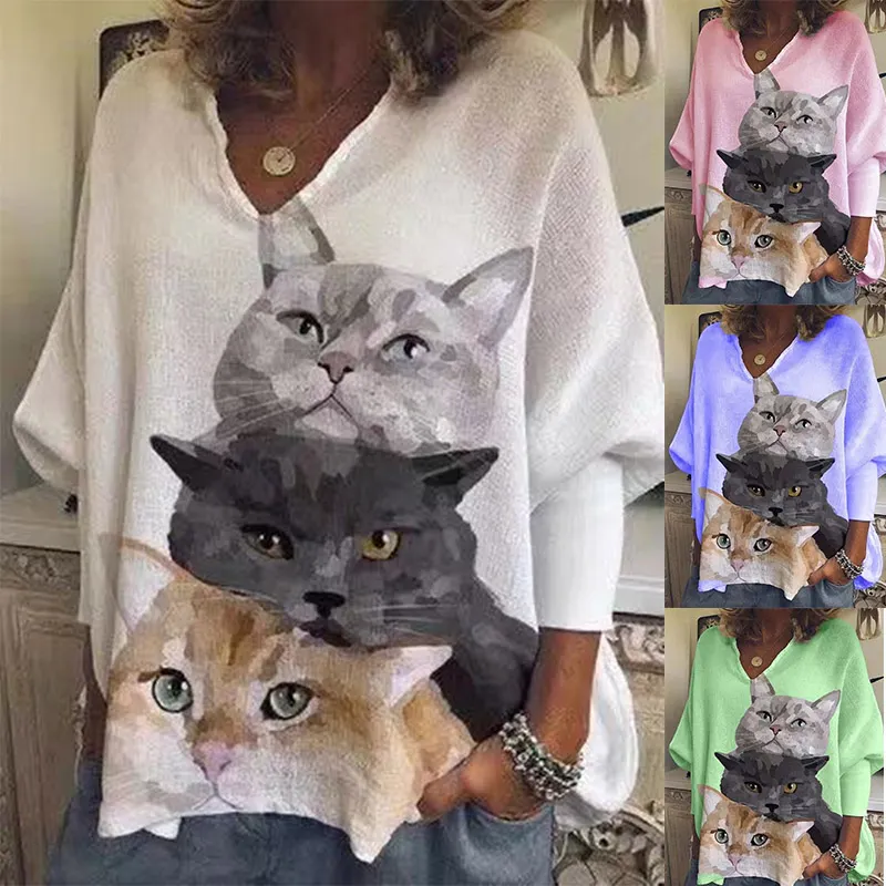 超可愛い猫柄カジュアルゆったり４色入りシャツ
