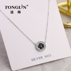 Womens Sterling Silver Necklace With Zircon Circle Pendant