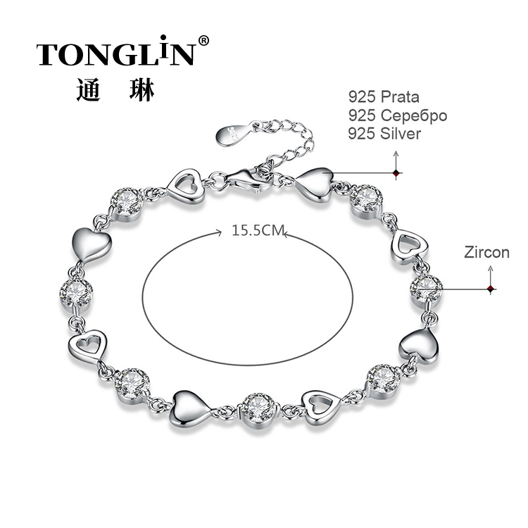 Bracciale da donna con maglia a cuore in argento con zirconi cubici