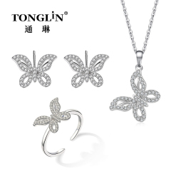 Бабочка Серебряное ожерелье с цирконием, серьги, кольцо, набор