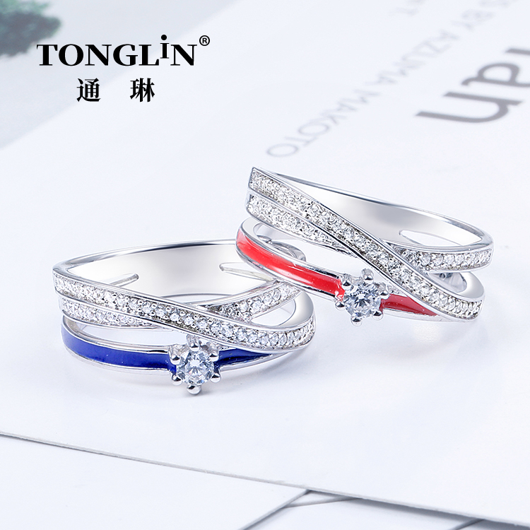 Bague en émail multi-bandes en argent sterling avec zircone cubique