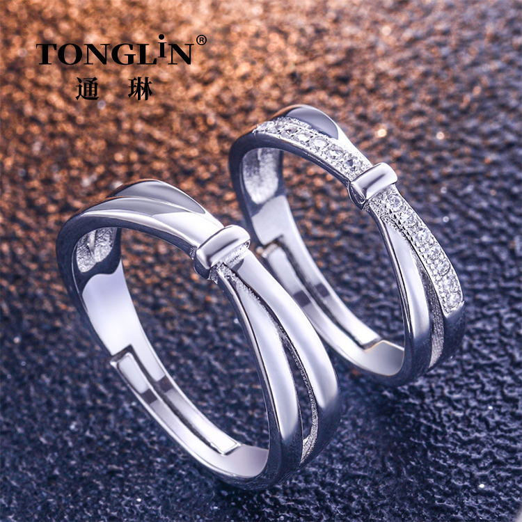 Anello regolabile per coppia in argento reale con zirconi cubici per gli amanti
