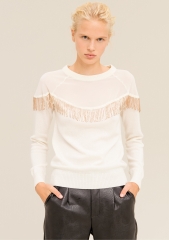 Women round neck with beaded chain long-sleeved RWS wool sweater