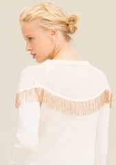 Women round neck with beaded chain long-sleeved RWS wool sweater